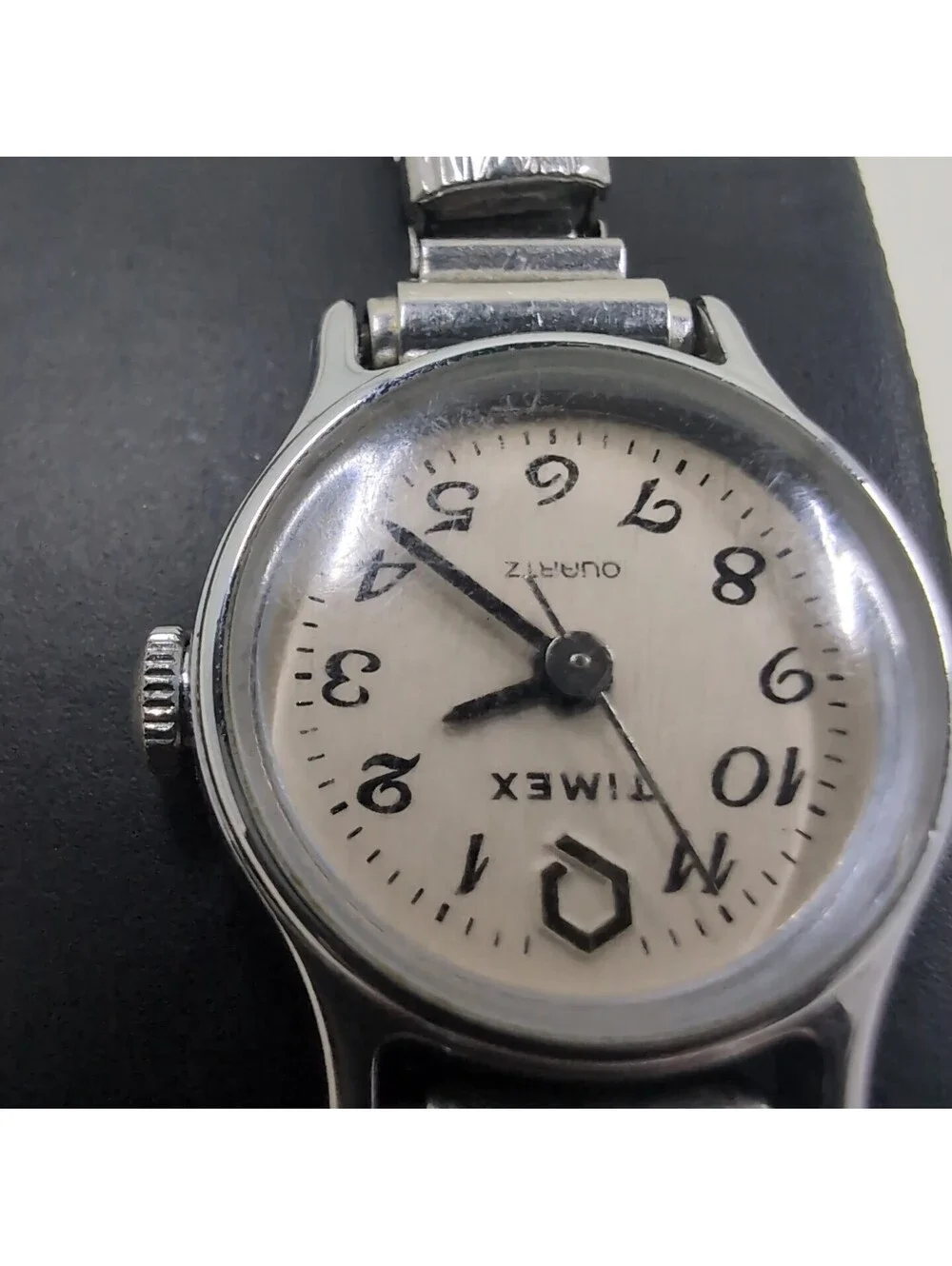 Vintage Timex Q Watch Women 19mm Pink Face Silver Tone Stretch Band New Battery